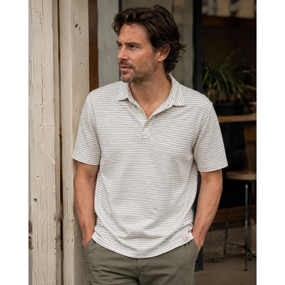 Marine Layer Lassen Stripe Slub Terry Polo Antique White Gray M/L